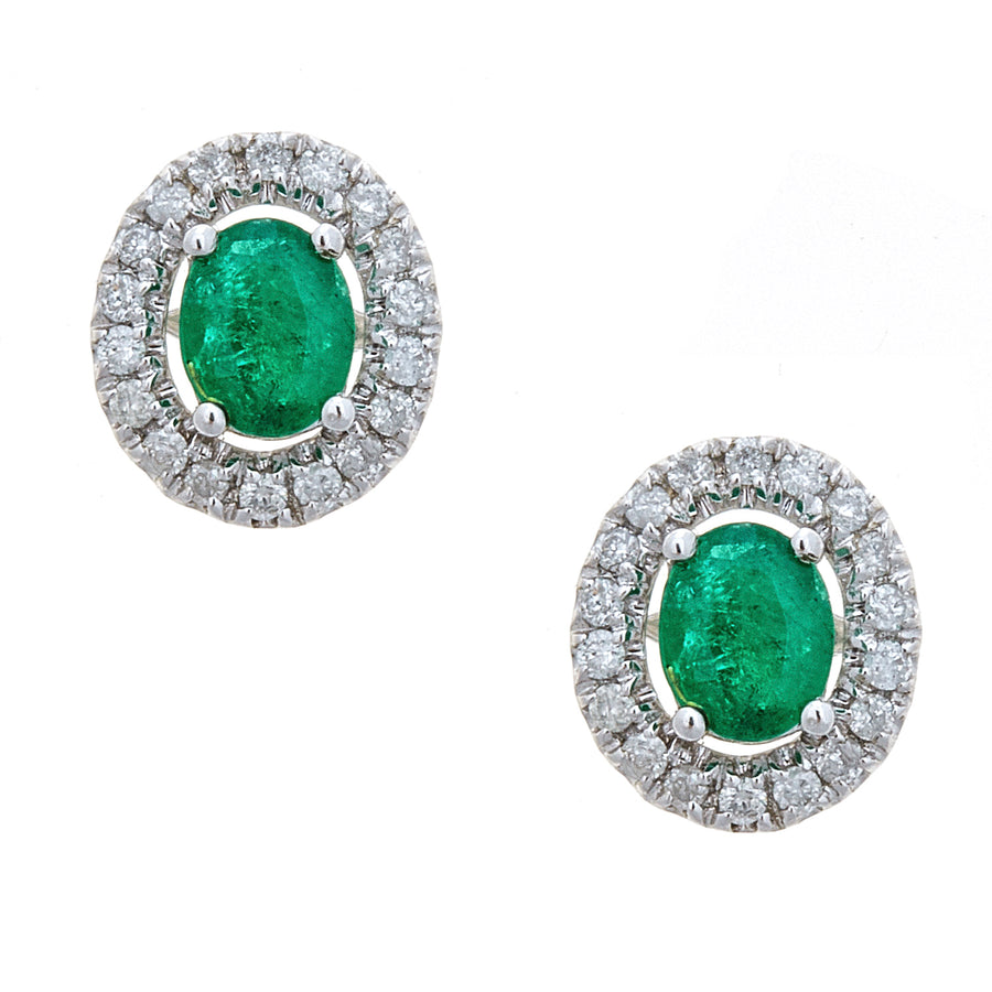 14K White Gold Emerald & Diamond Oval Stud Earrings