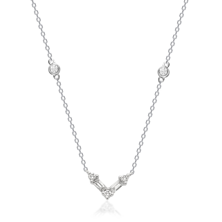 14K White Gold V Shape Diamond Necklace