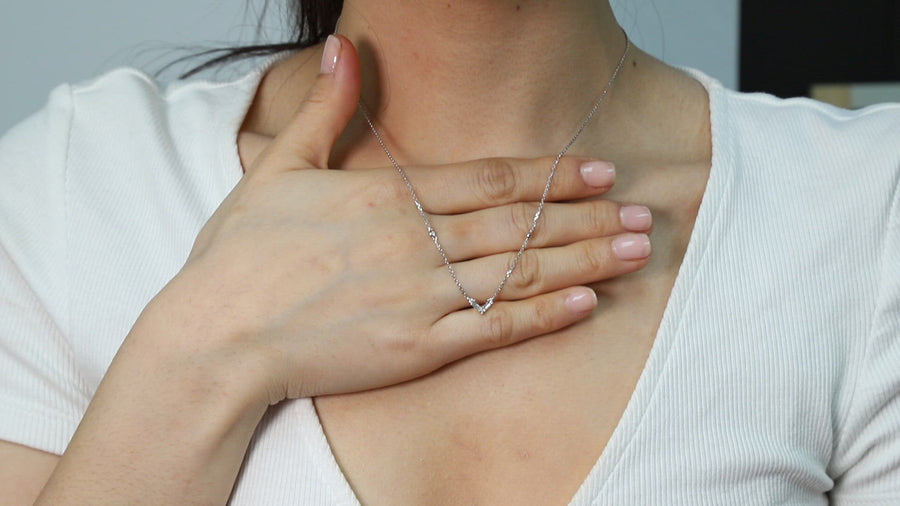 14K White Gold V Shape Diamond Necklace