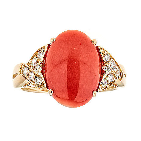18K Yellow Gold Coral and Diamond Ring