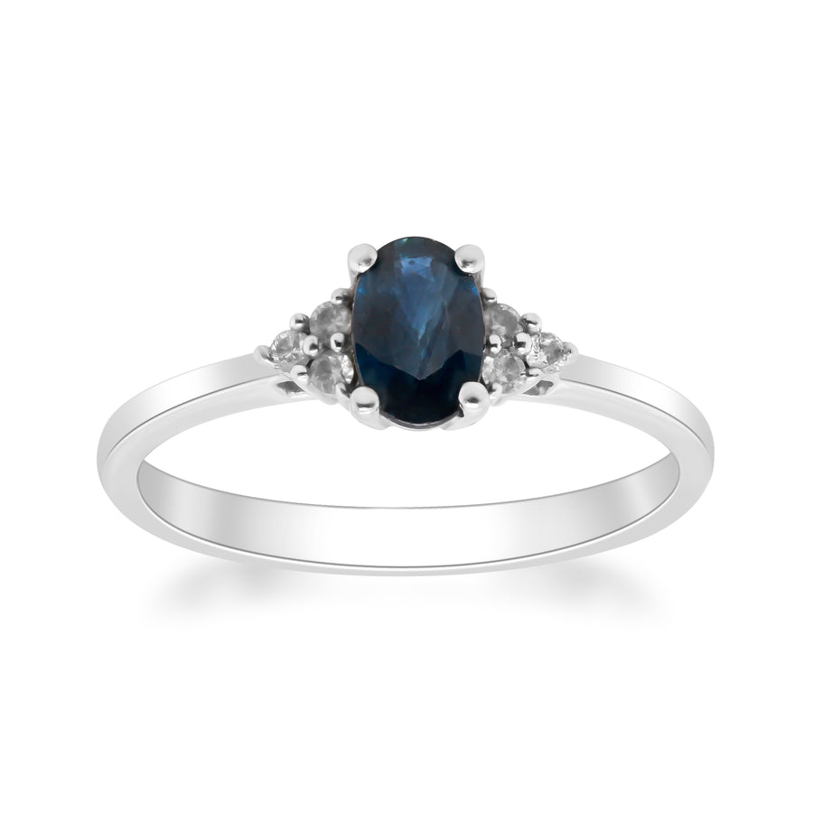 14K White Gold 4x6 mm Oval Cut Blue Sapphire & Diamond Ring