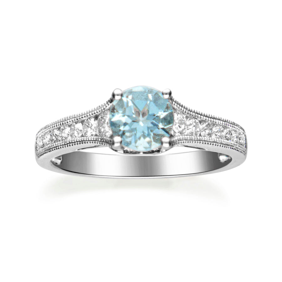 14K White Gold Blue Aquamarine & Diamond  Ring