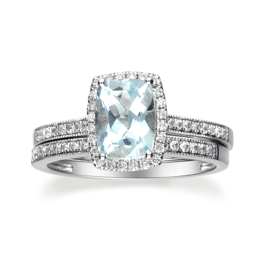 14K White Gold Blue Aquamarine & Diamond Ring