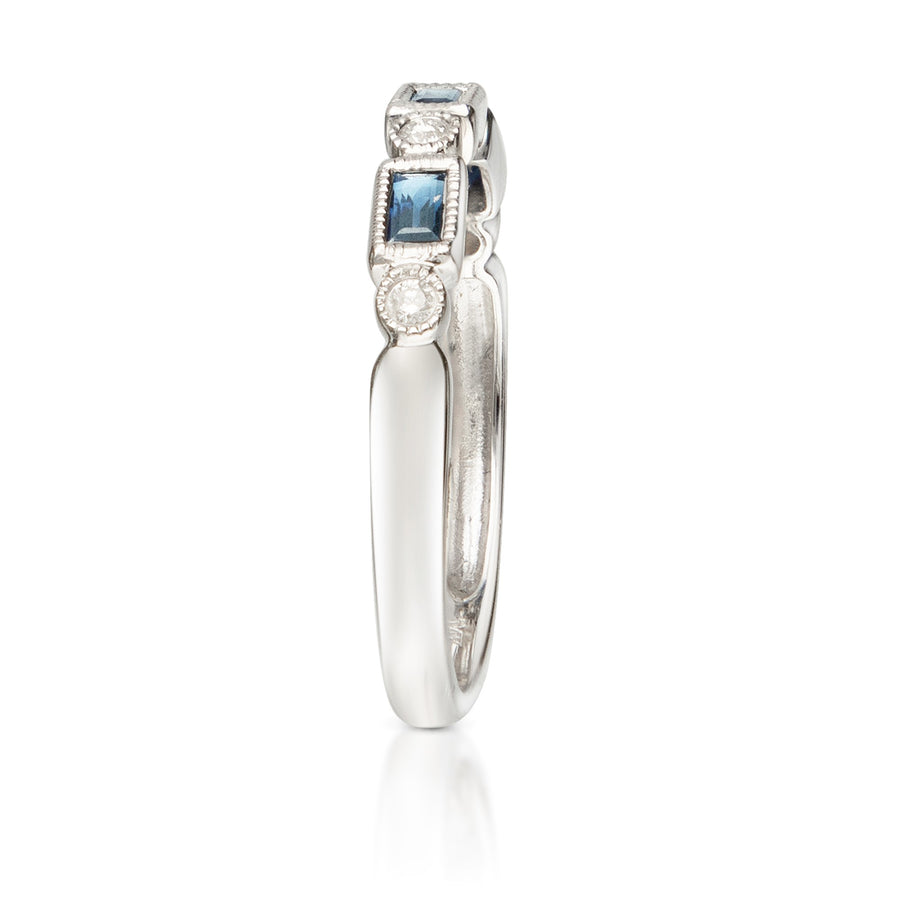 14K White Gold 2mm Square Cut Blue Sapphire & Diamond Ring