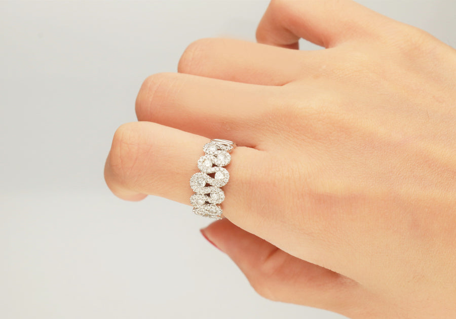 14 Karat White Gold Curving Layered Wide Band Diamond Ring