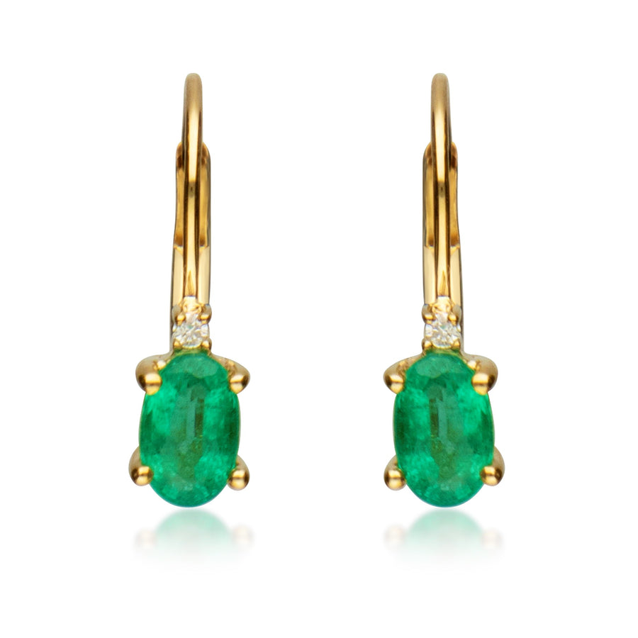 14K Gold Oval Cut Emerald & Diamond Drop Earrings