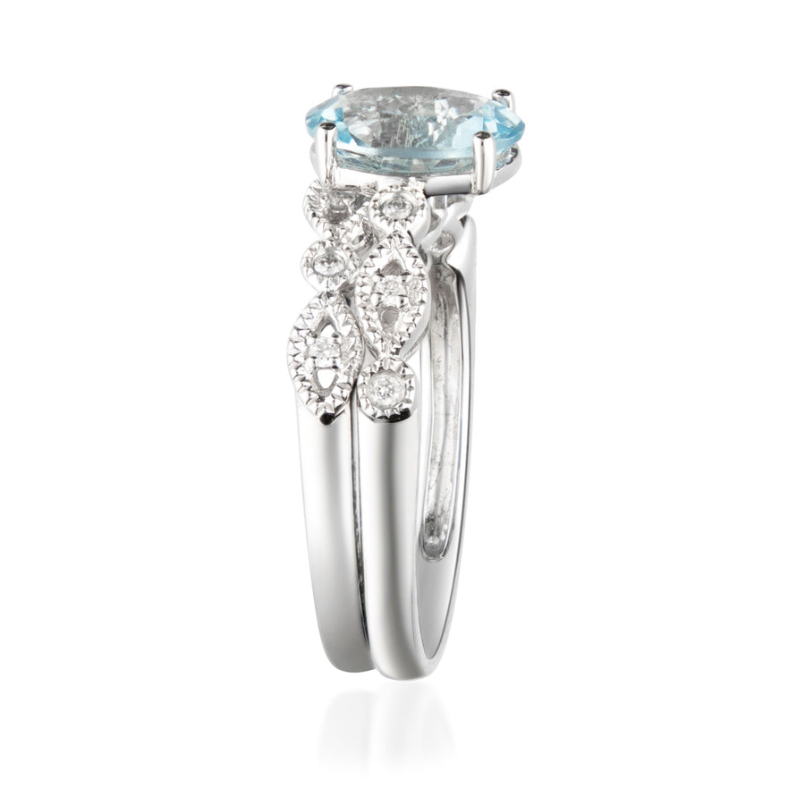 14K White Gold Blue Aquamarine & Diamond Ring