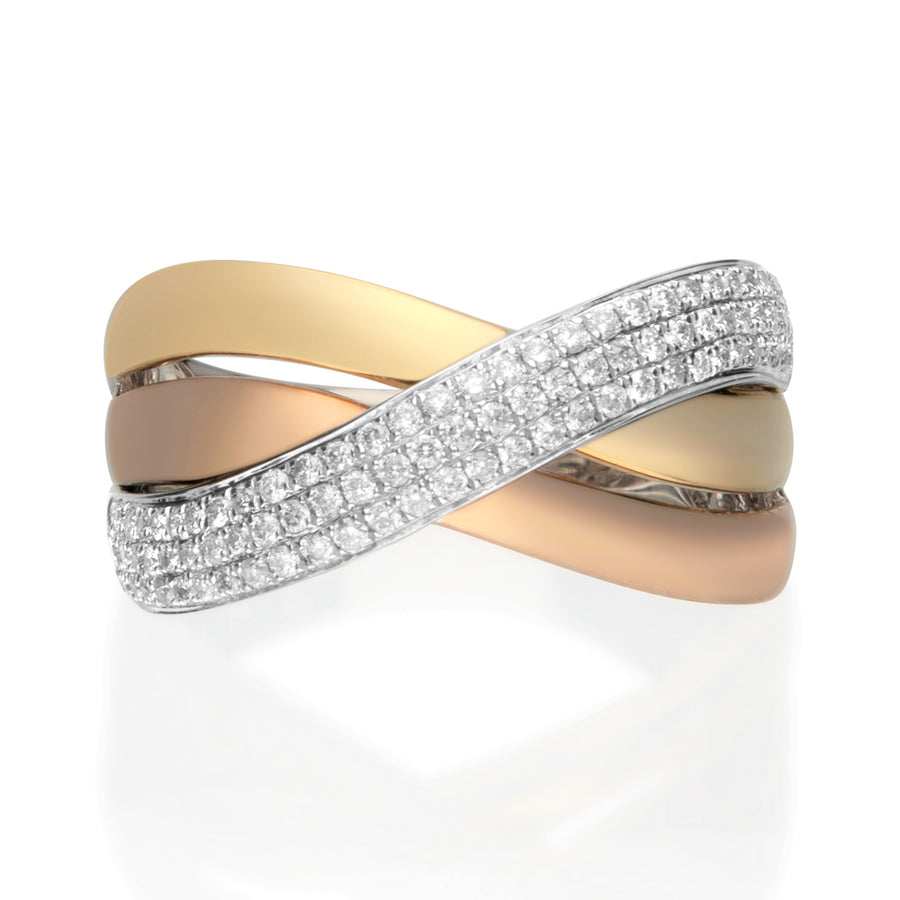 14 Karat Three-Tone Gold Criss Cross Diamond Band Ring