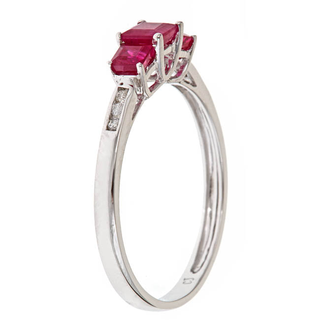 14K White Gold Ruby & Diamond Three-Stone Band Ring
