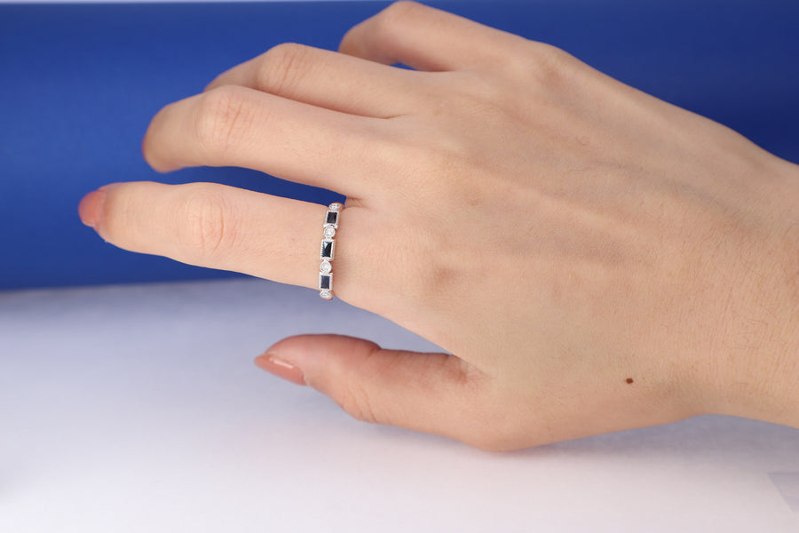 14K White Gold 2mm Square Cut Blue Sapphire & Diamond Ring