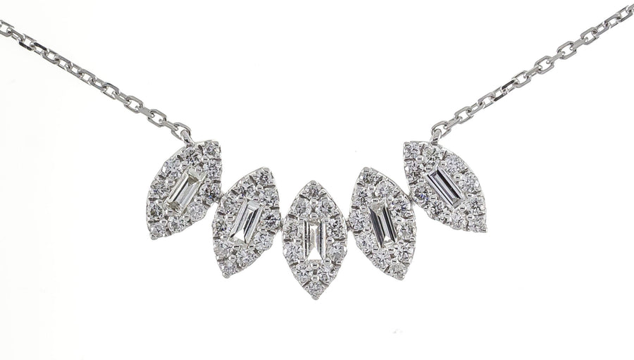 14K White Diamond Baguette-cut Diamonds Cluster Necklace