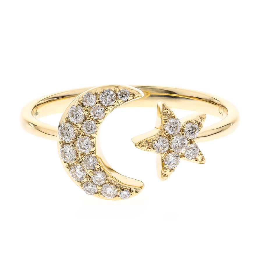 14K Yellow Gold Moon & Star Diamond Ring